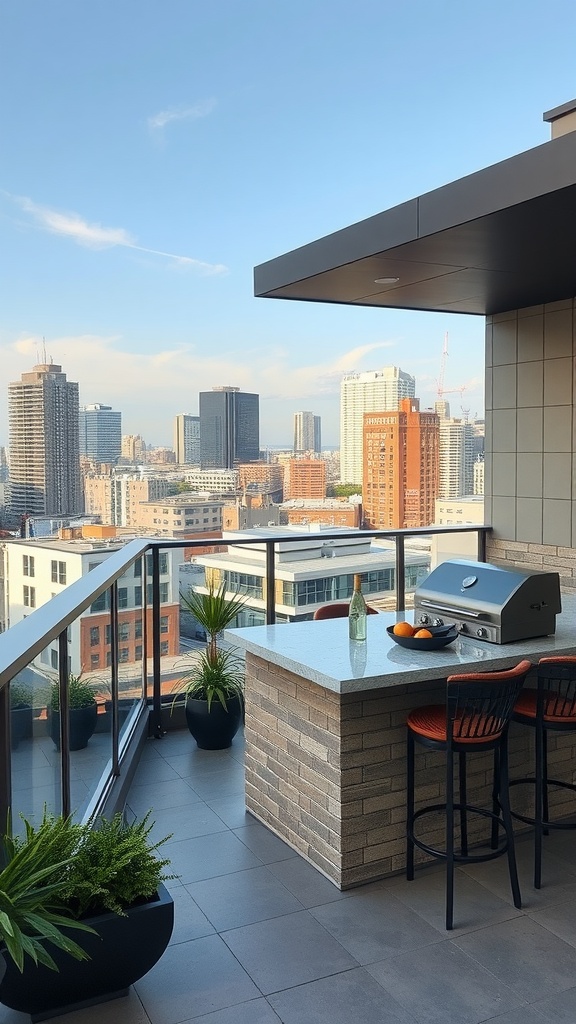 Outdoor kitchen on a rooftop patio with a grill and bar seating overlooking a city skyline.