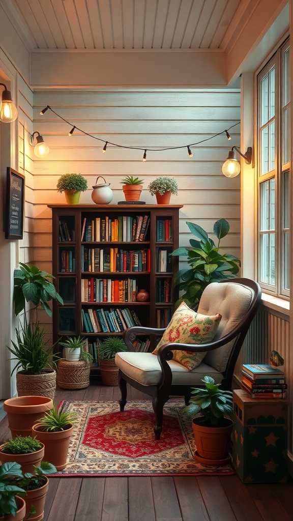 Cozy reading nook with a comfortable chair, bookshelf, plants, and warm lighting.