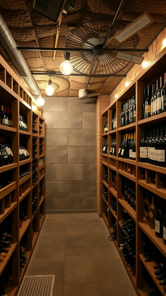 A rustic wine cellar featuring wooden shelves filled with wine bottles, soft lighting, and a ceiling fan.