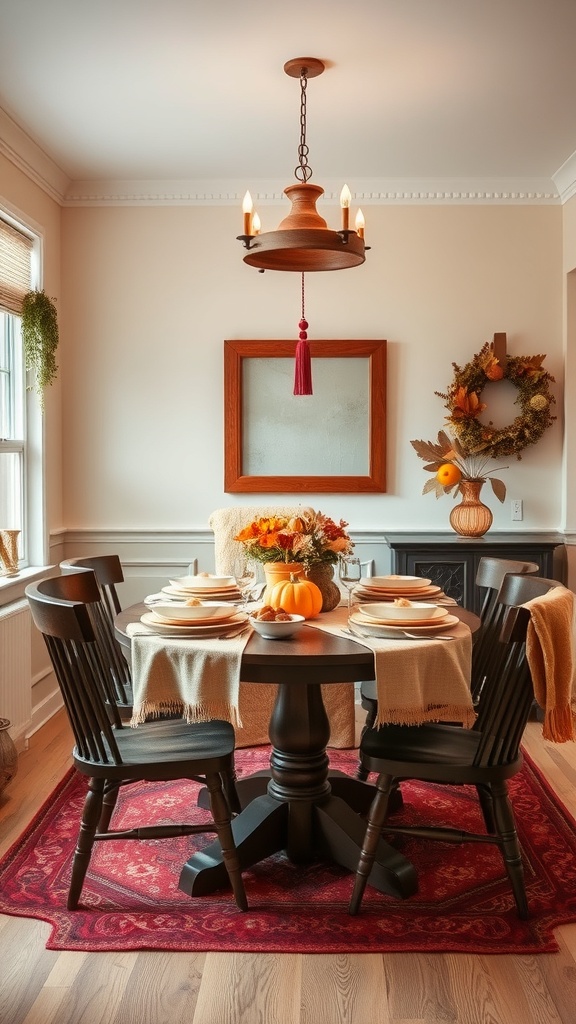 A cozy dining room with a round table set for fall, featuring a pumpkin and floral arrangement, surrounded by black chairs and warm lighting.
