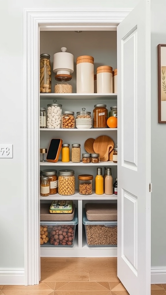 A well-organized corner kitchen pantry with color-coordinated jars and containers.