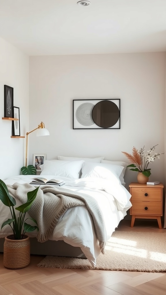 A cozy small bedroom featuring a corner bed, plants, and minimal decor.