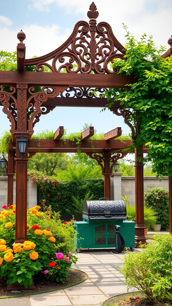 A wooden pergola surrounded by colorful flowers and a grill, creating an inviting outdoor space.
