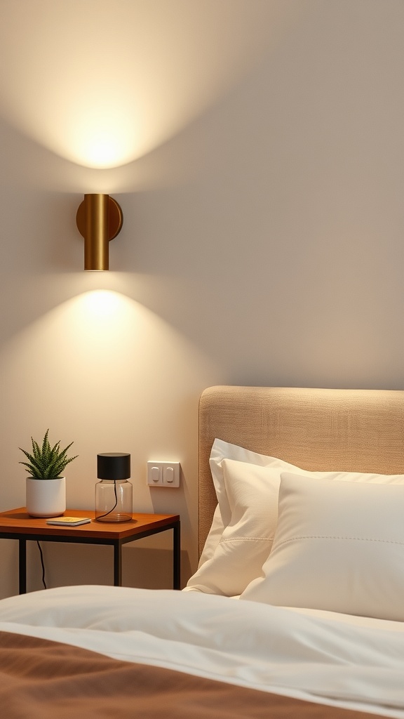 A bedside setup featuring a dimmable wall sconce, a nightstand with a plant and lamp, and soft bedding.