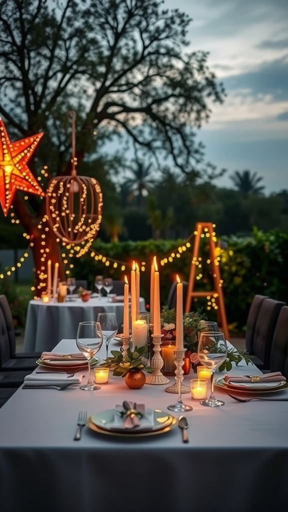 A beautifully set outdoor dining table with candles, lanterns, and fairy lights in the background.