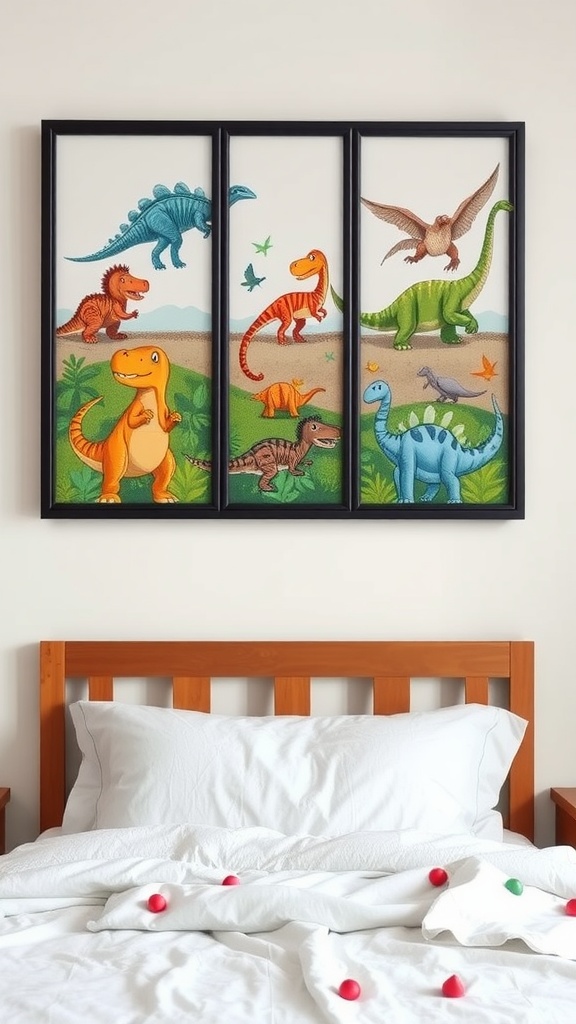 Colorful triptych wall art featuring playful dinosaurs in a boys bedroom