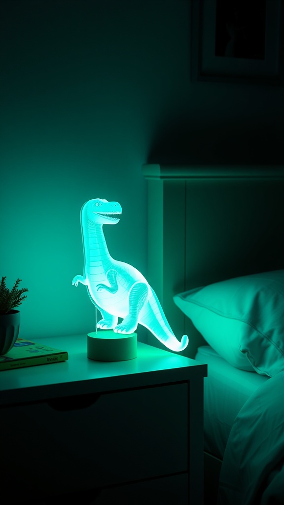 A dinosaur night light casting a warm glow in a dark room