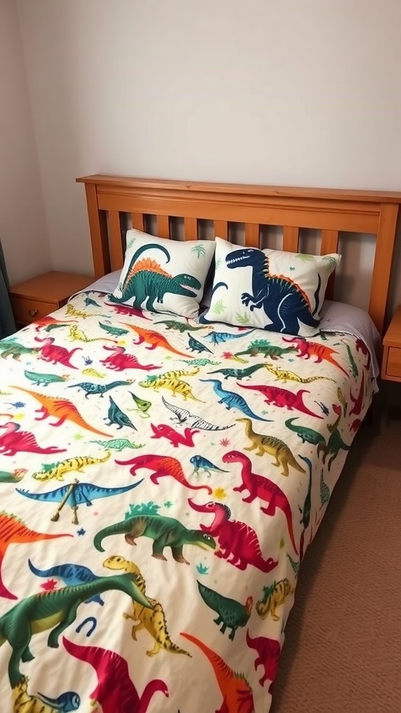 Colorful dinosaur bedspread and pillows on a wooden bed