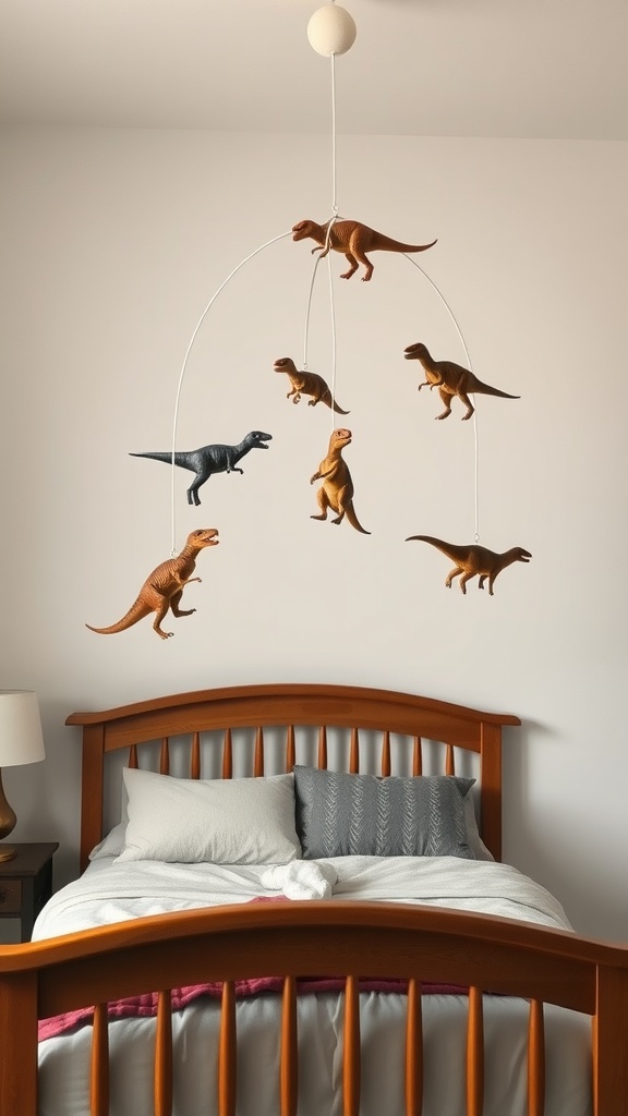 A colorful dinosaur ceiling mobile with various dinosaur figures hanging above a bed.