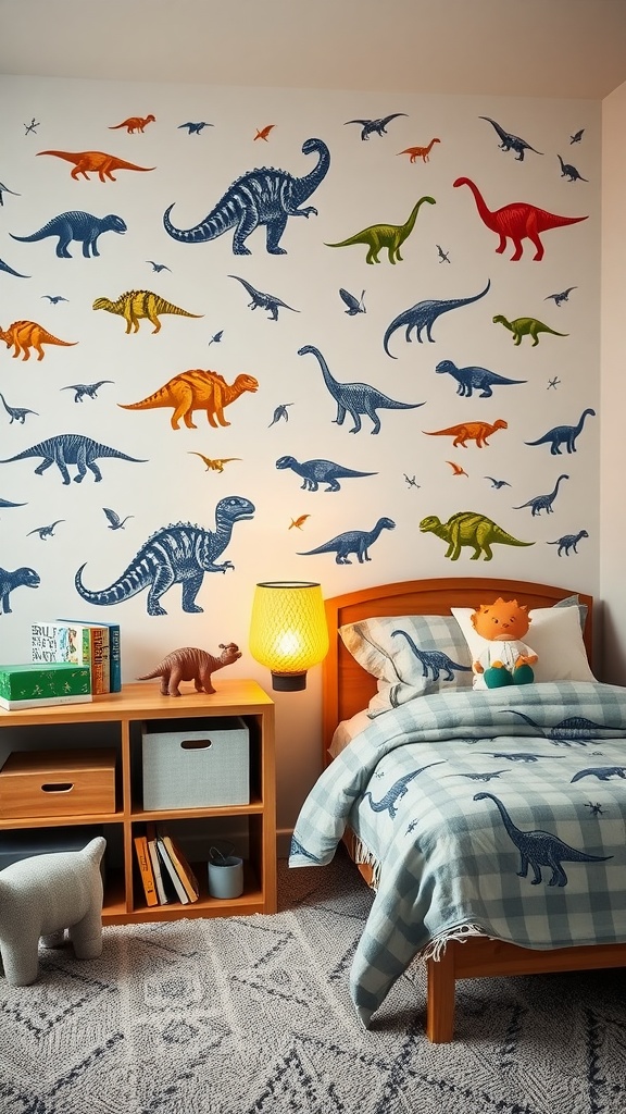 A boys bedroom with dinosaur-themed decor. The wall features colorful dinosaur decals, and the bed has a dinosaur blanket and plush toy.
