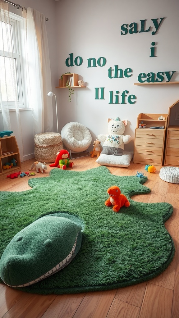 A cozy dinosaur-themed rug in a child's bedroom, surrounded by toys and playful decor.
