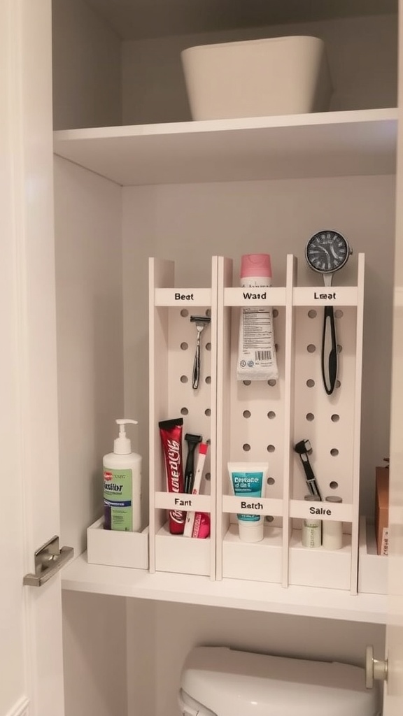 Bathroom closet with DIY dividers organizing small items like toothpaste and lotion