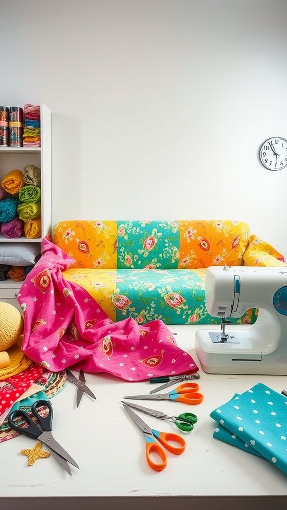 A colorful DIY workspace with a patchwork couch and sewing materials.