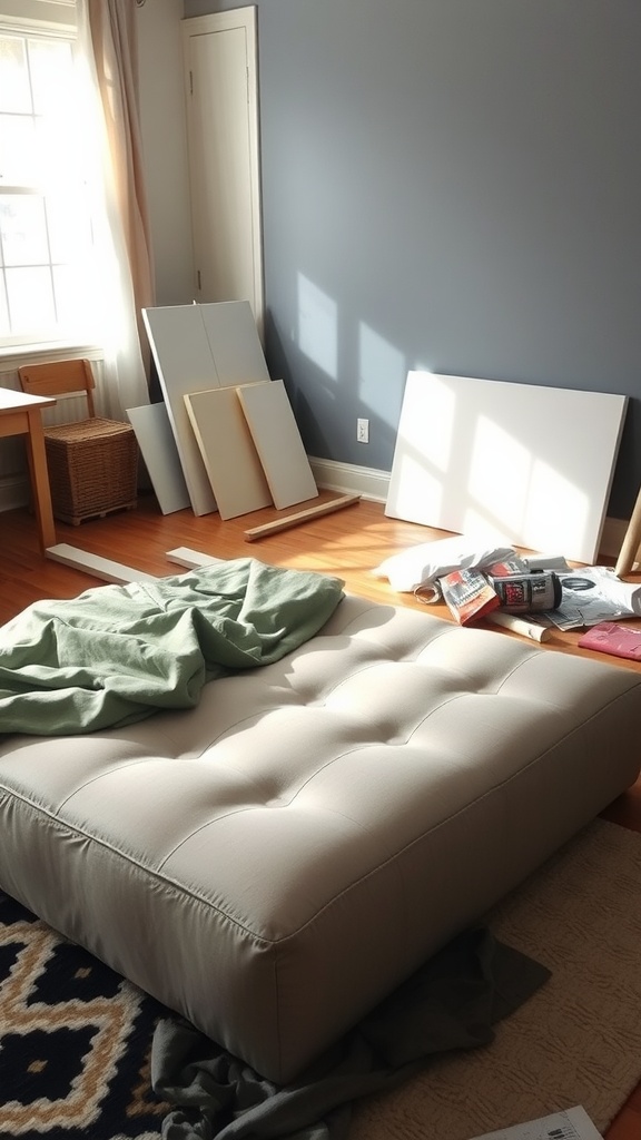 An unfinished DIY ottoman table in a cozy room filled with natural light.