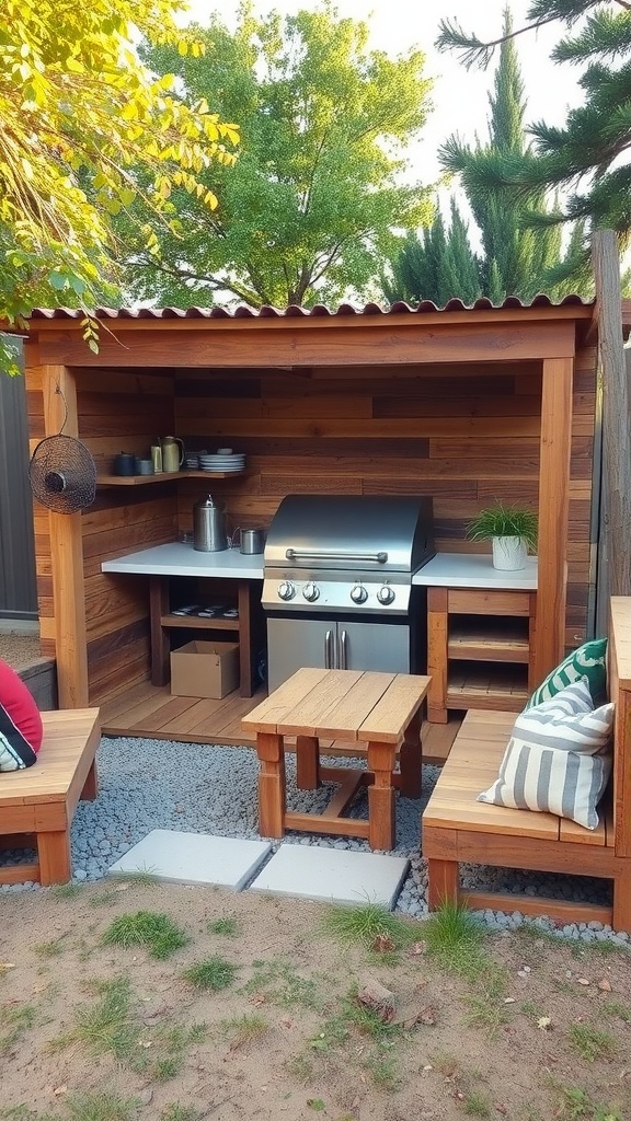 A DIY pallet BBQ station featuring a grill, wooden shelves, and seating, surrounded by greenery.