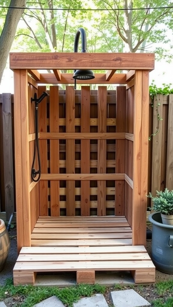 A wooden pallet outdoor shower station with a shower head and slatted flooring surrounded by greenery.