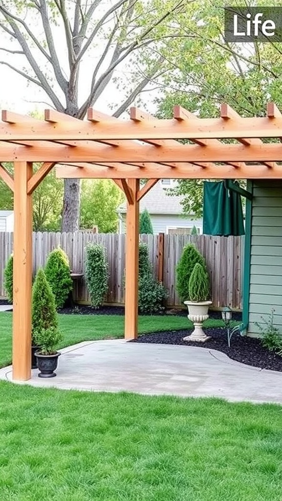 Wooden pergola in a backyard with green grass and decorative plants