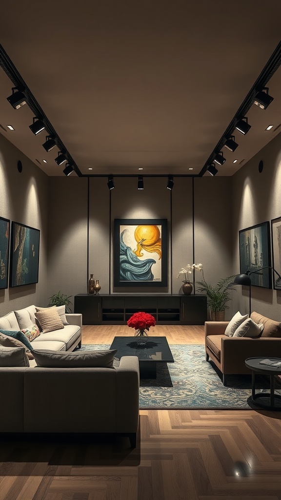 Living room featuring spotlight fixtures illuminating artwork and furniture.