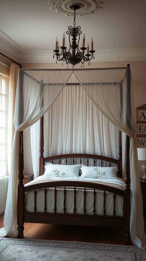 A cozy bedroom featuring a four-poster bed draped with sheer curtains, creating a romantic atmosphere.
