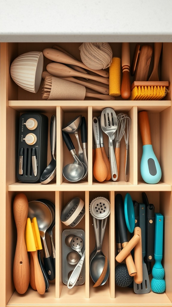 An organized kitchen drawer with dividers holding various utensils and tools.