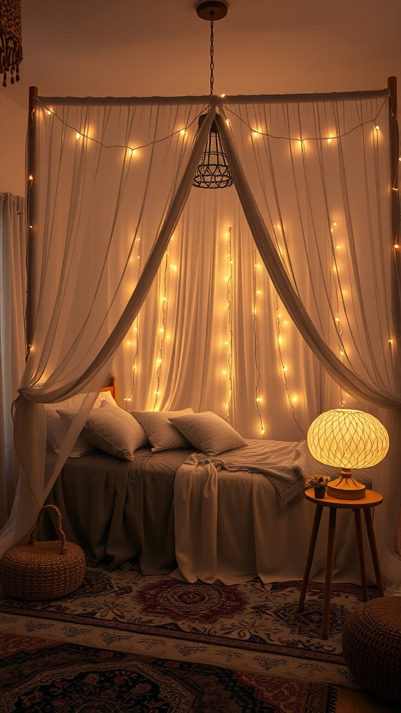 A cozy bedroom with a canopy bed draped in soft fabrics and illuminated by fairy lights.
