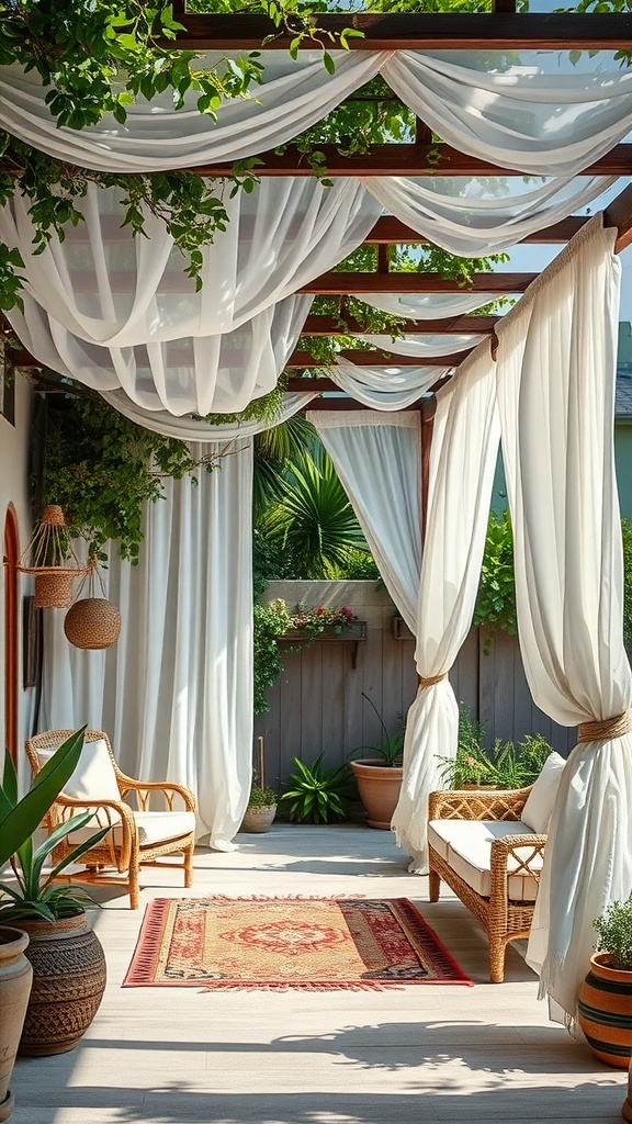 A beautiful patio with a wooden pergola draped in white fabric, surrounded by plants and cozy seating.