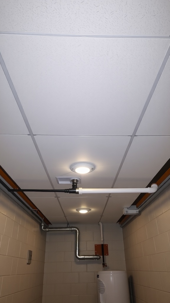 Image of a drop ceiling with tiles, lights, and plumbing overhead
