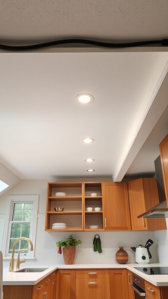 A bright kitchen with a drop ceiling featuring recessed lighting and wooden cabinets.