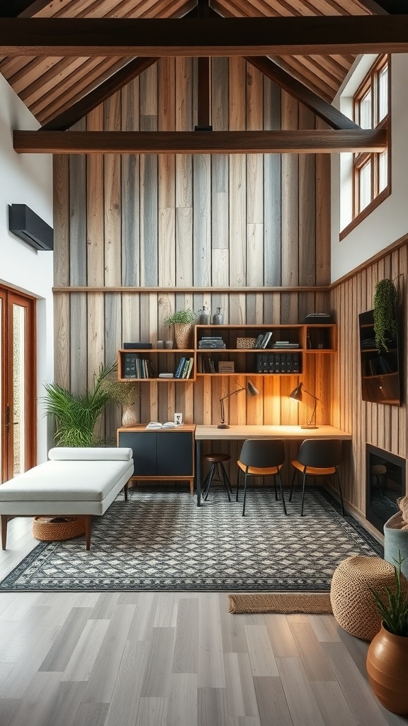 A cozy dual-purpose space in a modern barn house featuring a workspace and a daybed, with wooden accents and warm lighting.