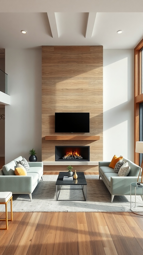 A modern dual-sided fireplace in an open-concept living area with a TV on the wall above it.