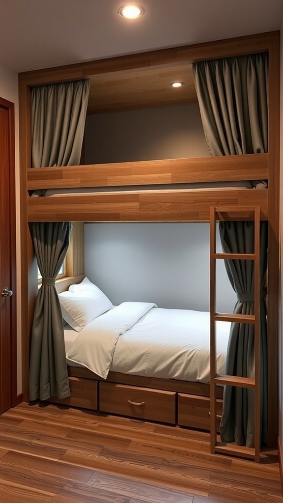 Dual bunk beds with privacy curtains in a cozy bedroom setting