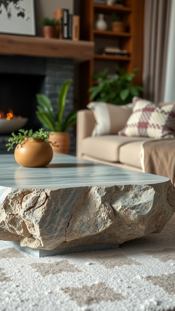 A stone coffee table with a rough base and smooth top, placed in a cozy living room setting.
