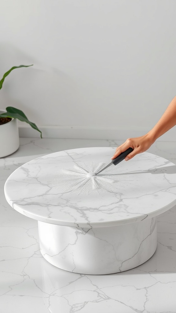 A person cleaning a marble coffee table with a cloth.