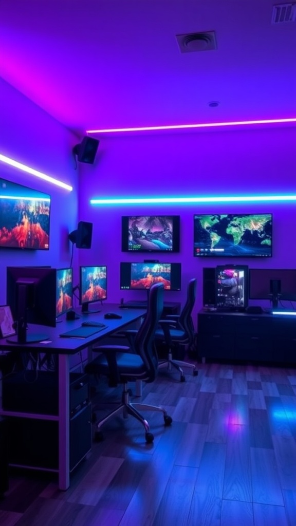 A dynamic gaming setup illuminated with blue and pink LED strip lights, featuring multiple monitors.