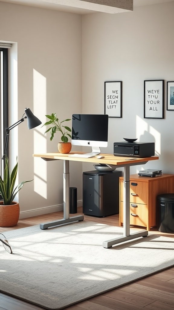 A modern home office featuring a dynamic standing desk with a computer, printer, and a plant.