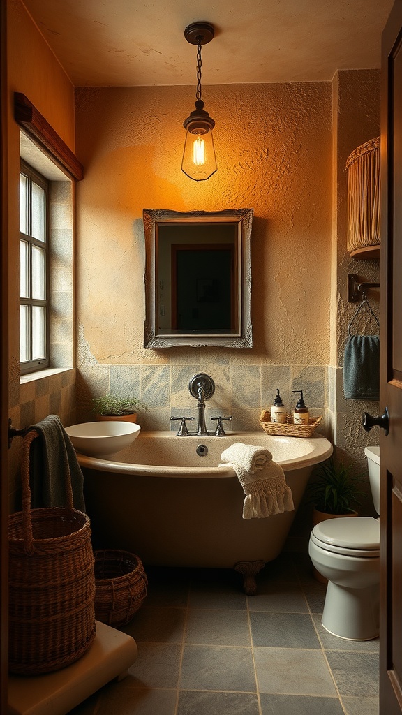 A rustic bathroom featuring earthy tones, a freestanding tub, textured walls, and warm lighting.
