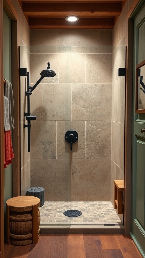 Rustic walk-in shower with earthy colors and wooden accents