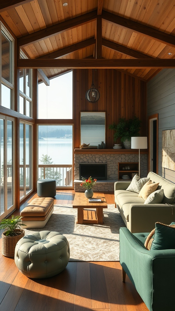 Cozy lake house living room with earthy color palette and large windows