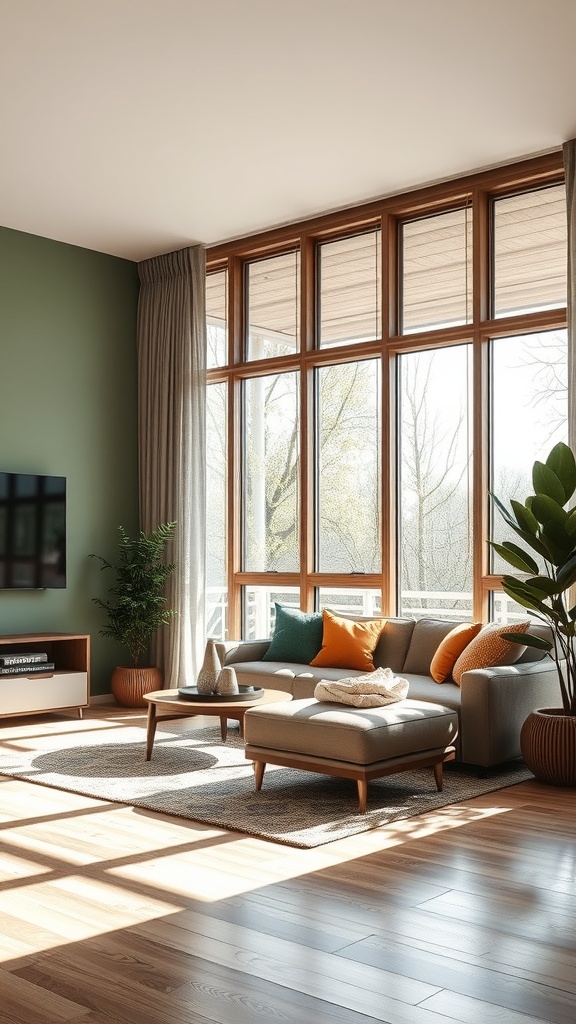 A modern living room with large windows, earthy colors, and a cozy atmosphere