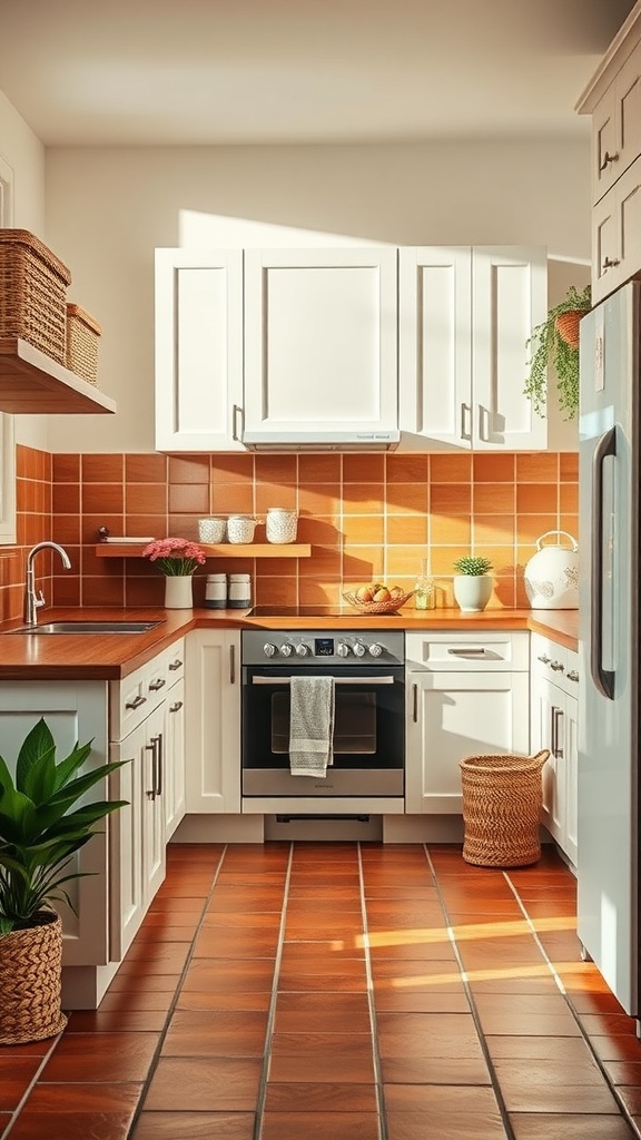 A cozy kitchen featuring an earthy terracotta floor and backsplash, complemented by white cabinets and natural decor.