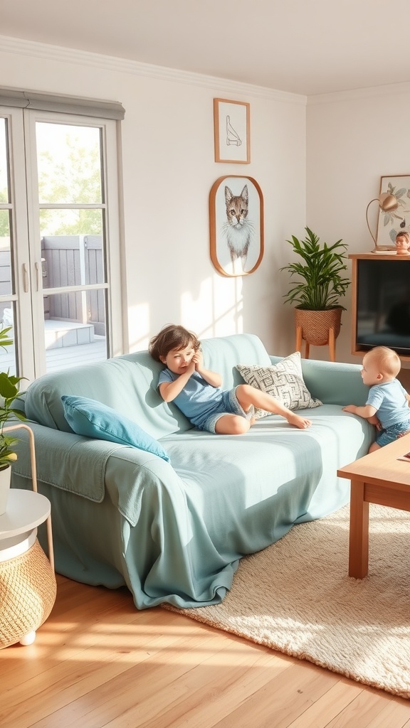 Two children sitting on a light blue couch in a bright room with plants and artwork.