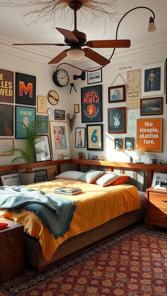 A cozy bedroom featuring eclectic decor with layered textures, vibrant colors, and various artwork on the walls.