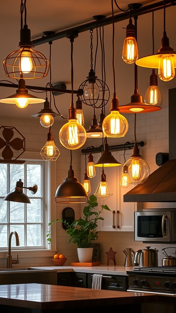 A kitchen with various eclectic lighting fixtures, including pendant lights and exposed bulbs, creating a warm atmosphere.