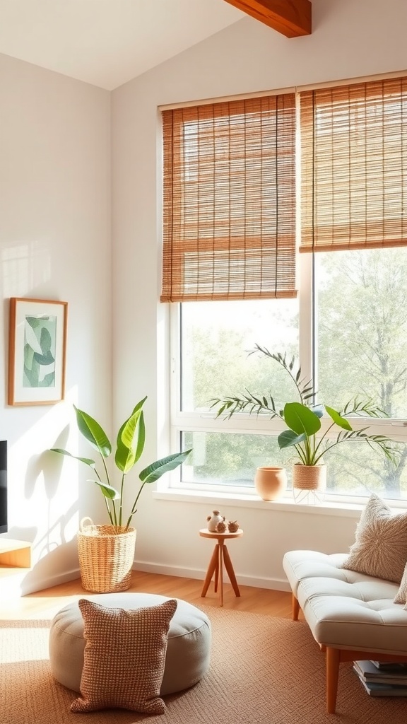A bright living room featuring eco-friendly bamboo blinds, plants, and a cozy seating area.