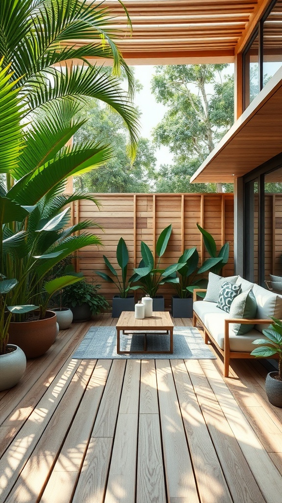A cozy outdoor space featuring bamboo flooring, surrounded by lush green plants and a simple table and seating arrangement.