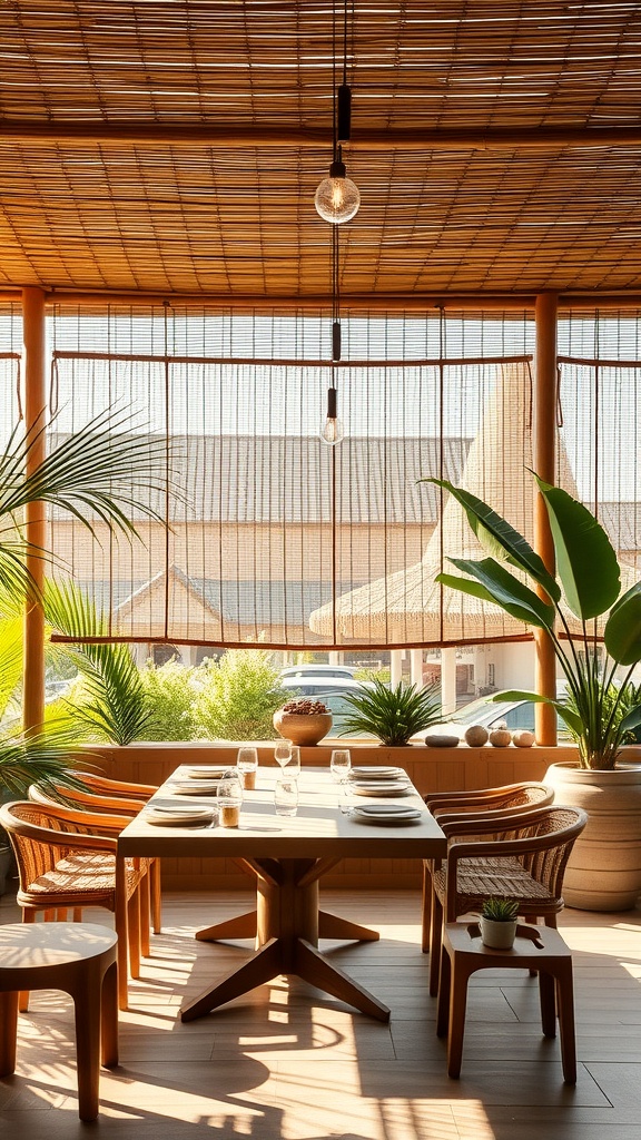 A dining room featuring bamboo shades, wooden furniture, and plants, creating a warm and inviting atmosphere.