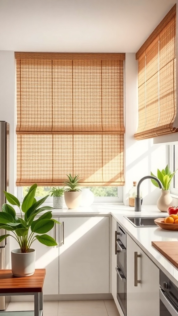 A modern kitchen featuring eco-friendly bamboo shades, plants, and natural light.
