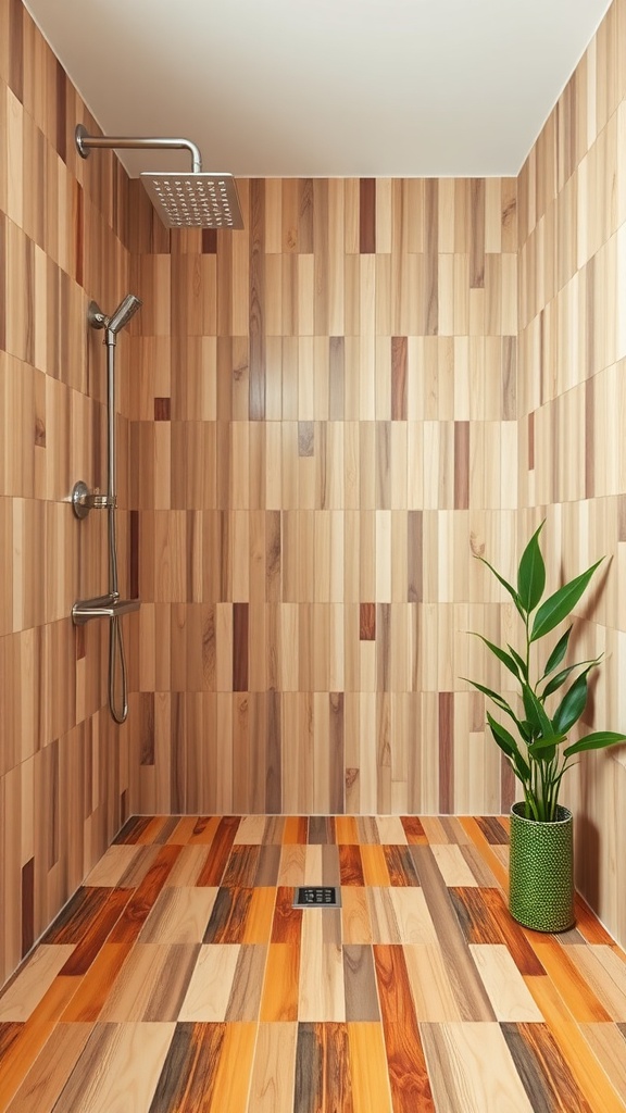 Shower with bamboo tiles on the walls and floor, featuring a plant in a green pot.