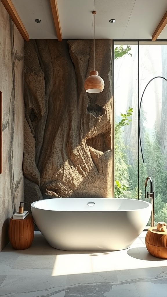Modern eco-friendly bathroom with a white bathtub, rock wall, and natural light
