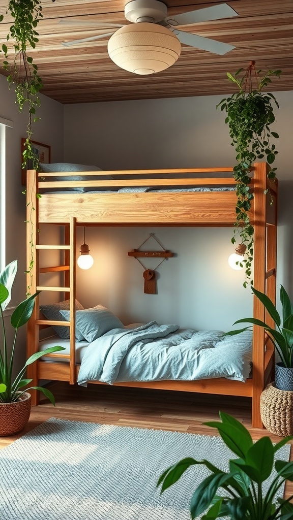 Eco-friendly wooden bunk bed with plants and cozy bedding